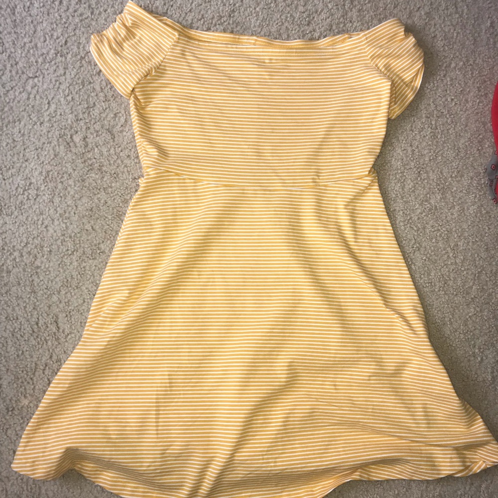 Off the shoulder, yellow striped dress